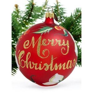 Pier 1 GLASS Red Merry Christmas 2012 Ornament Flowers